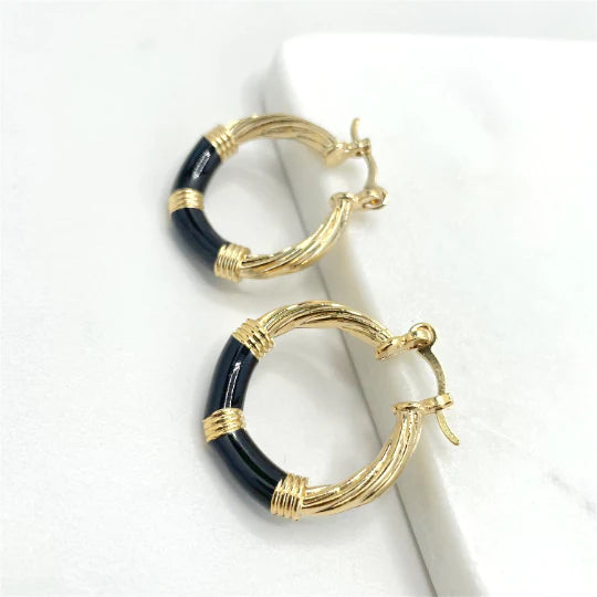 Earrings Hoop with Black Enamel Twisted Hoop 18K Gold Filled