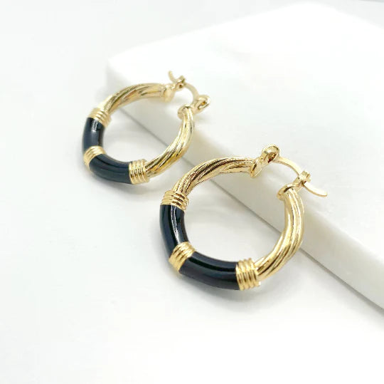 Earrings Hoop with Black Enamel Twisted Hoop 18K Gold Filled