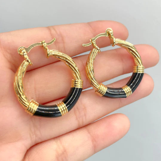 Earrings Hoop with Black Enamel Twisted Hoop 18K Gold Filled