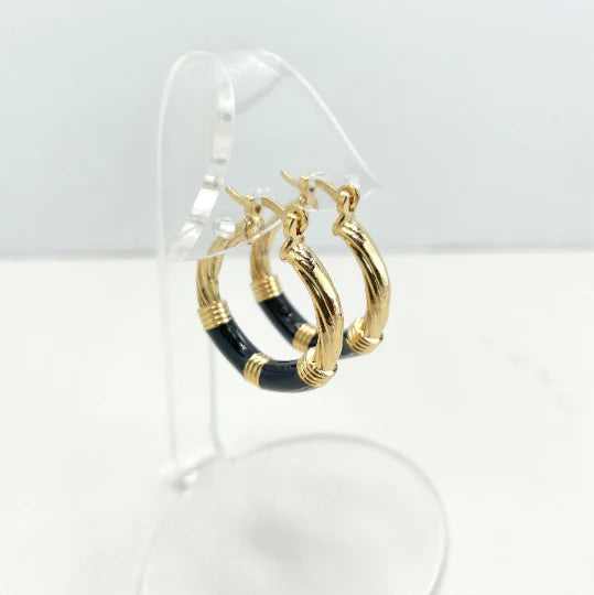 Earrings Hoop with Black Enamel Twisted Hoop 18K Gold Filled