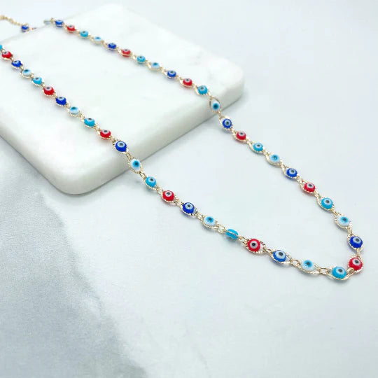 Necklace Colorful, Multicolor, Evil Eye Shape Linked 18k Gold Filled