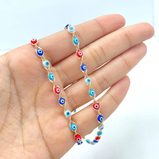 Necklace Colorful, Multicolor, Evil Eye Shape Linked 18k Gold Filled