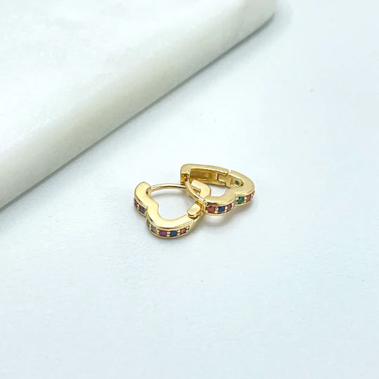 Earrings Colorful Cubic Zirconia Heart Huggie Shape. 18k Gold Filled