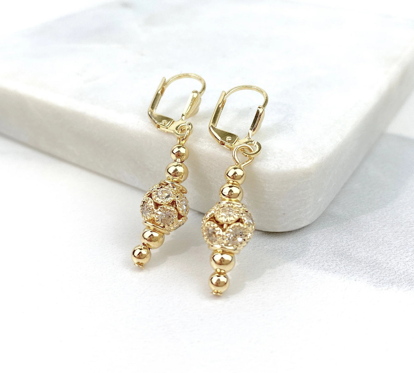 Earrings, Dangle Teardrop Lever Back Balls 18k Gold Filled