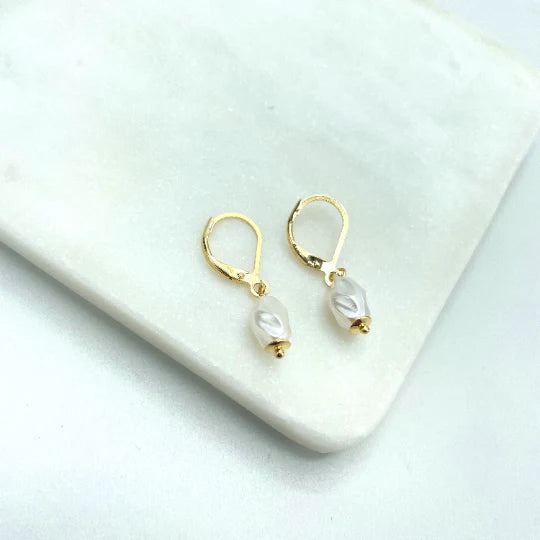 Earrings Simulated Baroque Freshwater Pearl, Hoop Huggie, Pearl Drop Dangle. 18k Gold Filled
