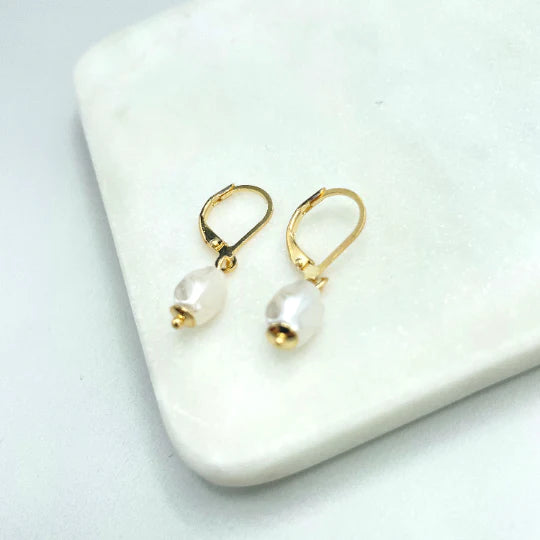 Earrings Simulated Baroque Freshwater Pearl, Hoop Huggie, Pearl Drop Dangle. 18k Gold Filled
