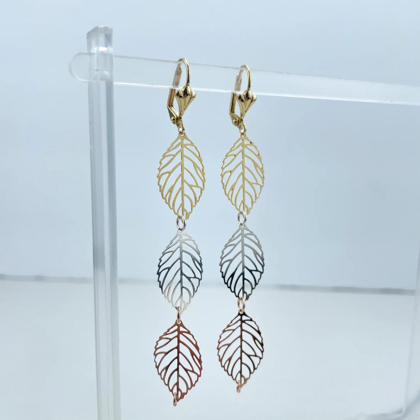 Earrings Dangle Drop 3 Tone, Yellow Gold, White Gold, Rose Gold. Cutout Leaves Shape 18k Gold Filled