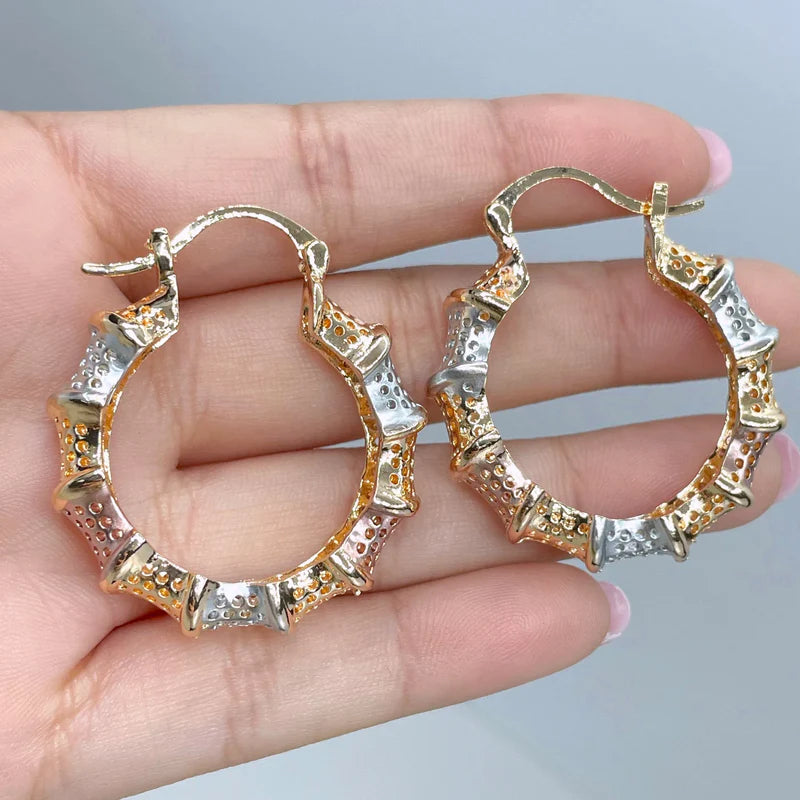 Earrings Hoop 3 Tone, Yellow Gold, White Gold, Rose Gold. Bamboo Design18k Gold Filled 590
