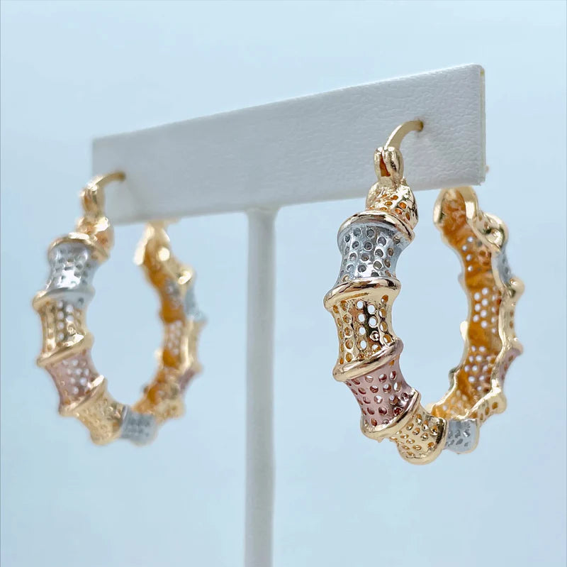 Earrings Hoop 3 Tone, Yellow Gold, White Gold, Rose Gold. Bamboo Design18k Gold Filled 590
