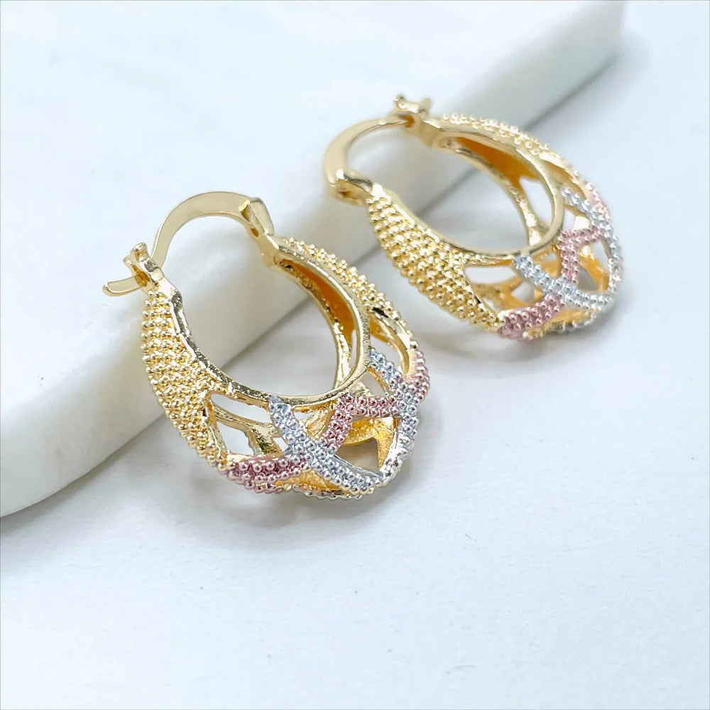 Earrings Hoop Basket 3 Tone, Yellow Gold, White Gold, Rose Gold. 18k Gold Filled