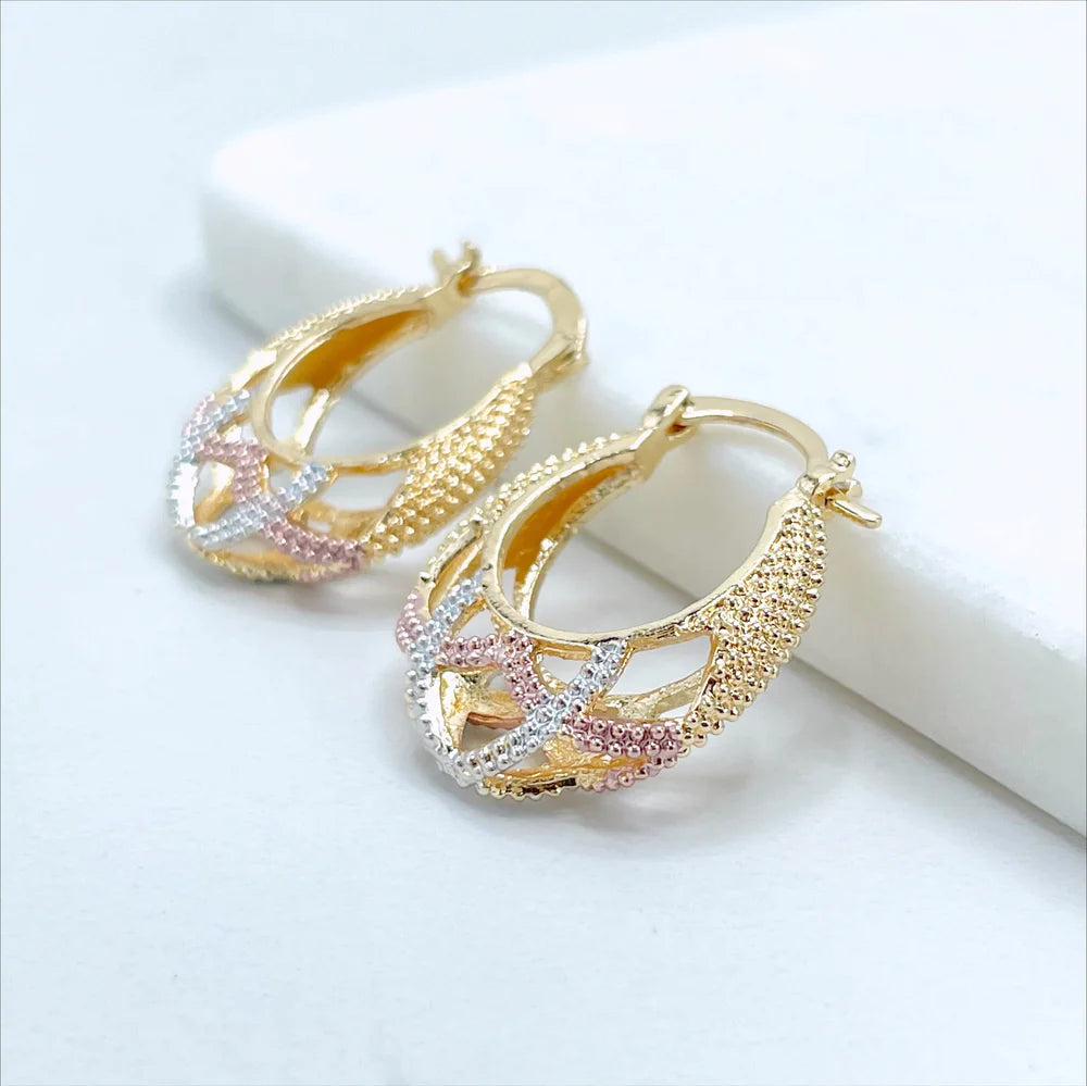 Earrings Hoop Basket 3 Tone, Yellow Gold, White Gold, Rose Gold. 18k Gold Filled