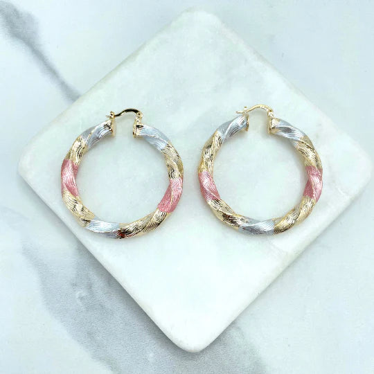 Earrings Hoop 3 Tone, Yellow Gold, White Gold, Rose Gold. Twisted Design 35mm or 45mm 18k Gold Filled