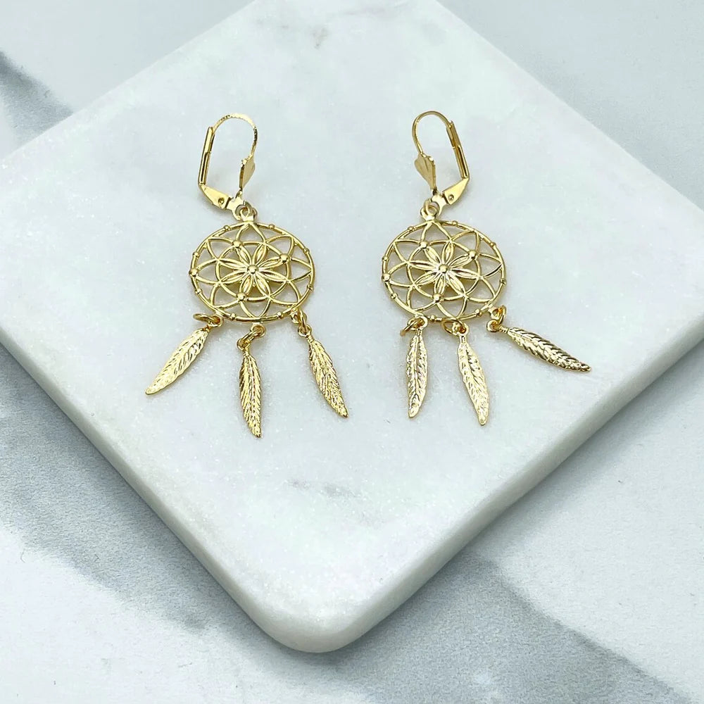 Earrings Textured Drop Dream Catcher, Feather Dangle 18k Gold Filled