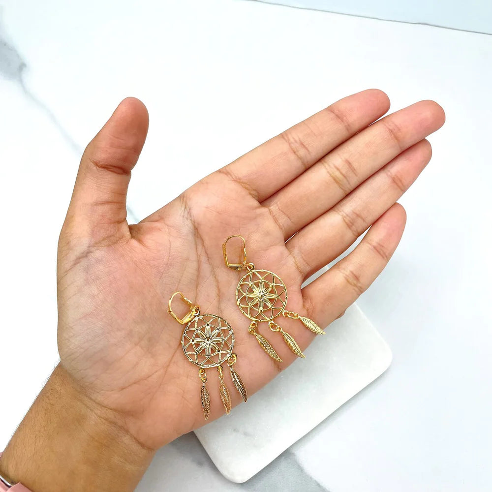 Earrings Textured Drop Dream Catcher, Feather Dangle 18k Gold Filled