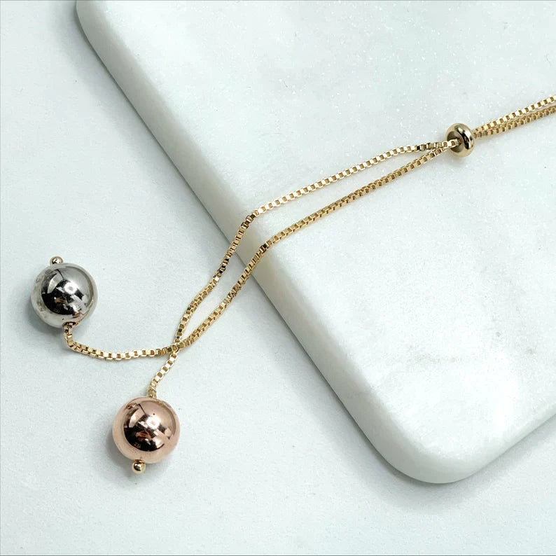Earrings or 30 inches Necklace with 1.2mm Box Chain Three Tone Adjustable Two Tone Balls 18k Gold Filled