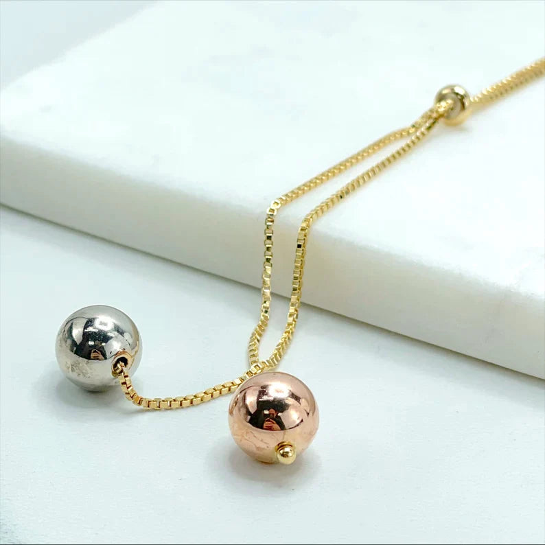 Earrings or 30 inches Necklace with 1.2mm Box Chain Three Tone Adjustable Two Tone Balls 18k Gold Filled