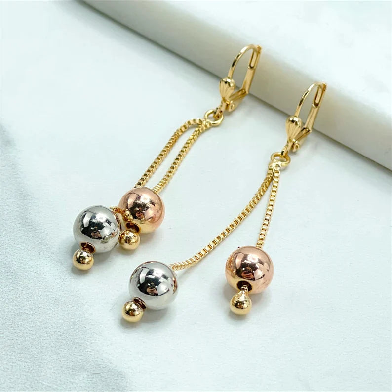 Earrings or 30 inches Necklace with 1.2mm Box Chain Three Tone Adjustable Two Tone Balls 18k Gold Filled