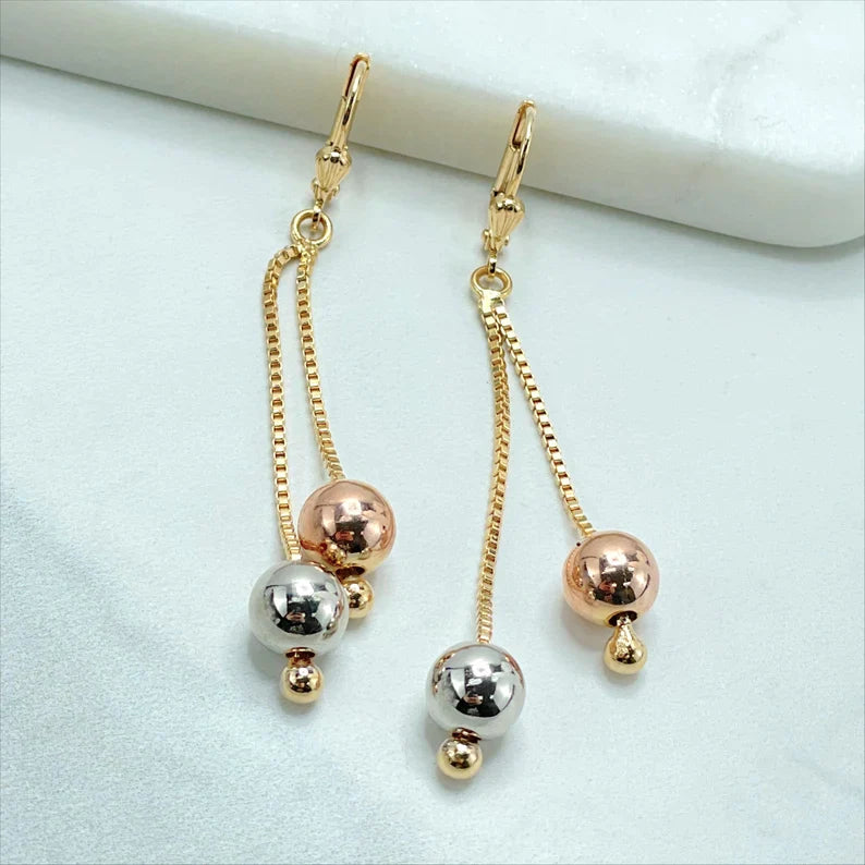 Earrings or 30 inches Necklace with 1.2mm Box Chain Three Tone Adjustable Two Tone Balls 18k Gold Filled