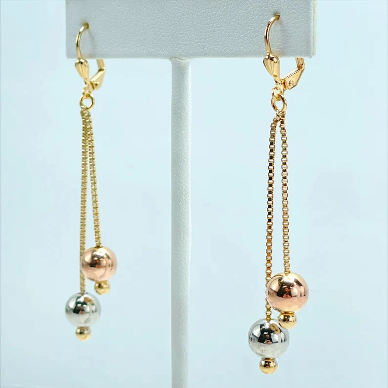 Earrings or 30 inches Necklace with 1.2mm Box Chain Three Tone Adjustable Two Tone Balls 18k Gold Filled