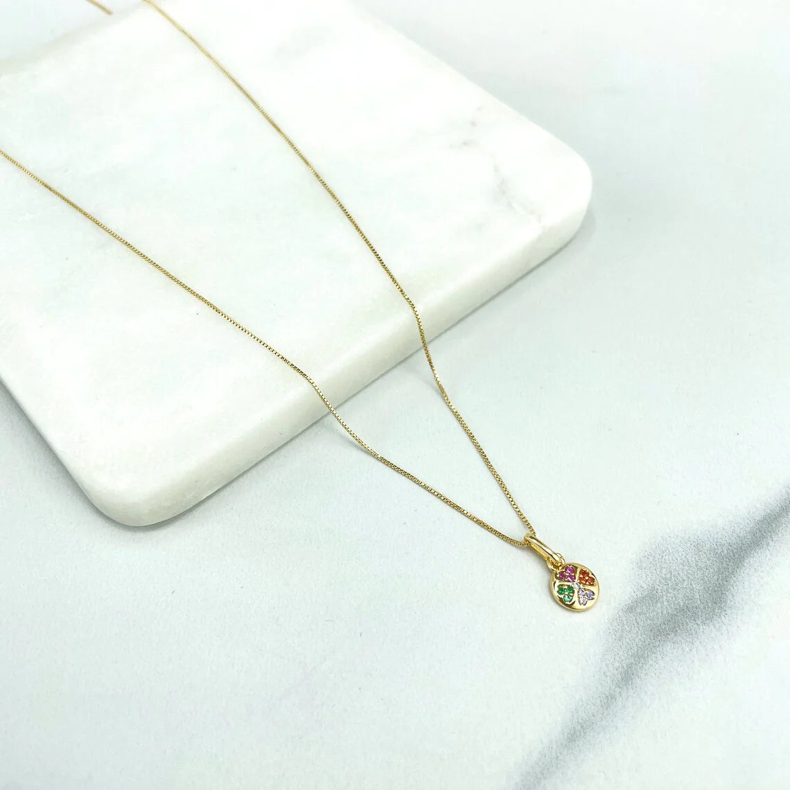 Chain and Pendant Set. Box Chain with Clover Shape Charm Colorful Cubic Zirconia 18k Gold Filled. Bundle and Save. FREE SHIPPING on orders of $100 and over. Sam's Jewelry World USA.
