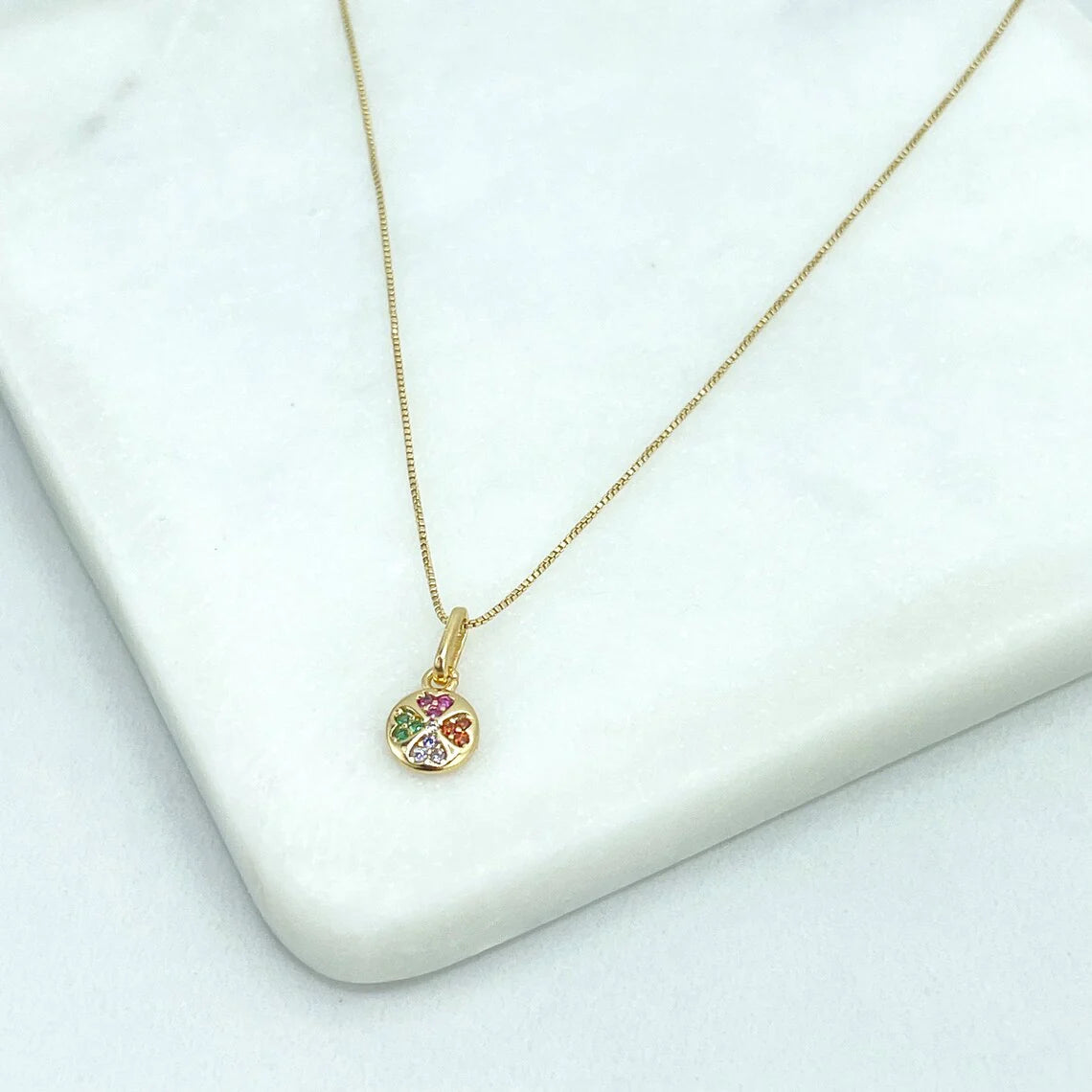 Chain and Pendant Set. Box Chain with Clover Shape Charm Colorful Cubic Zirconia 18k Gold Filled. Bundle and Save. FREE SHIPPING on orders of $100 and over. Sam's Jewelry World USA.