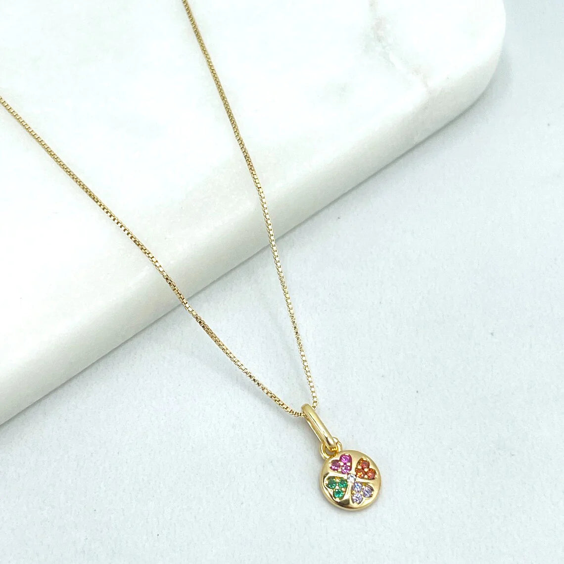 Chain and Pendant Set. Box Chain with Clover Shape Charm Colorful Cubic Zirconia 18k Gold Filled. Bundle and Save. FREE SHIPPING on orders of $100 and over. Sam's Jewelry World USA.