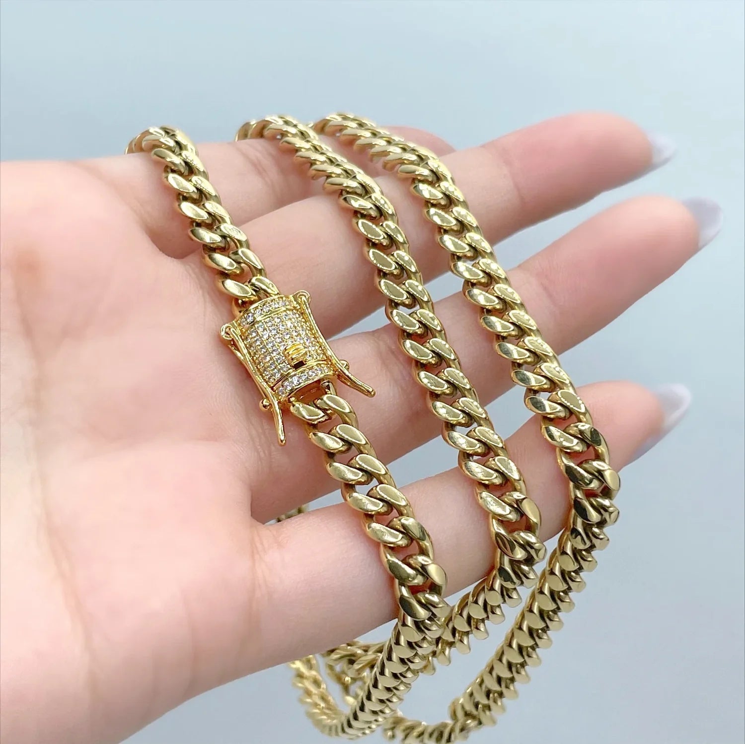 Cuban Link Chain 18" 28" or Bracelet 7" 8" 6mm with Iced Out Box Lock 14k Gold Filled. Bundle and Save. FREE SHIPPING on orders of $100 and over.  Sam's Jewelry World USA.