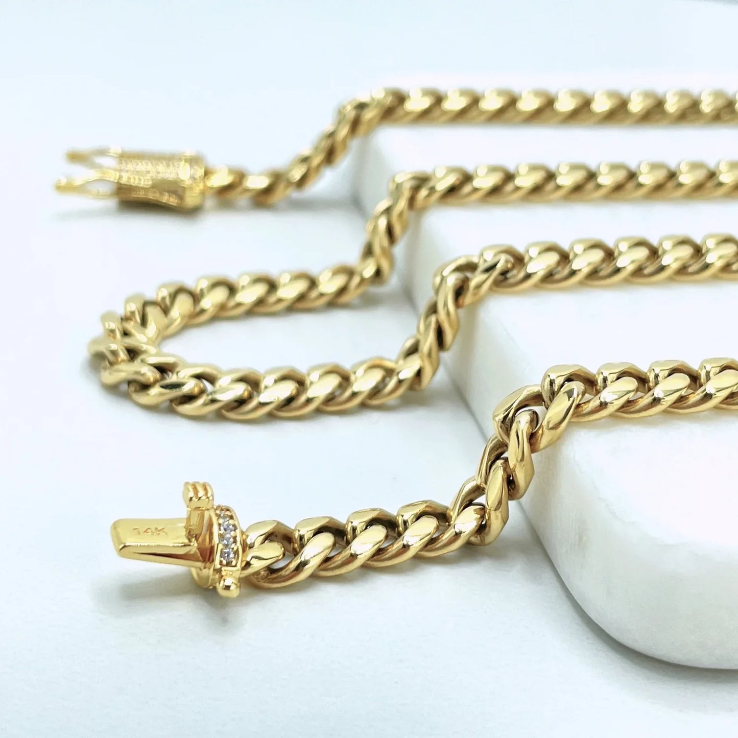 Cuban Link Chain 18" 28" or Bracelet 7" 8" 6mm with Iced Out Box Lock 14k Gold Filled. Bundle and Save. FREE SHIPPING on orders of $100 and over.  Sam's Jewelry World USA.