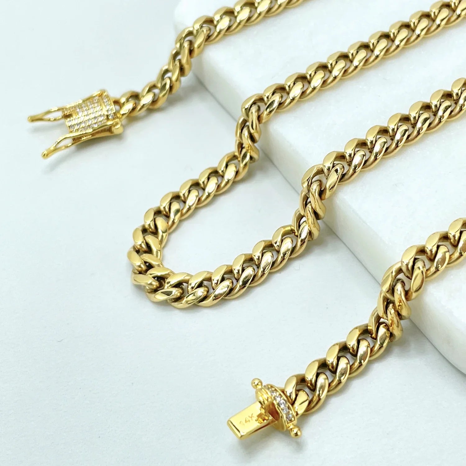 Cuban Link Chain 18" 28" or Bracelet 7" 8" 6mm with Iced Out Box Lock 14k Gold Filled. Bundle and Save. FREE SHIPPING on orders of $100 and over.  Sam's Jewelry World USA.