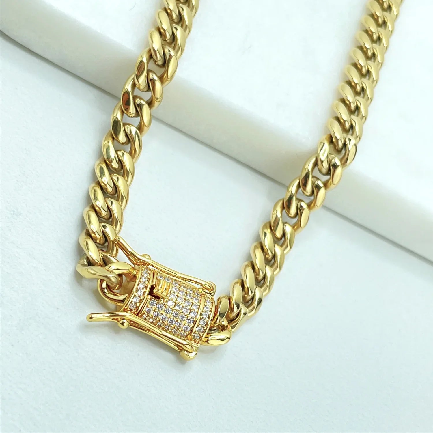 Cuban Link Chain 18" 28" or Bracelet 7" 8" 6mm with Iced Out Box Lock 14k Gold Filled. Bundle and Save. FREE SHIPPING on orders of $100 and over.  Sam's Jewelry World USA.