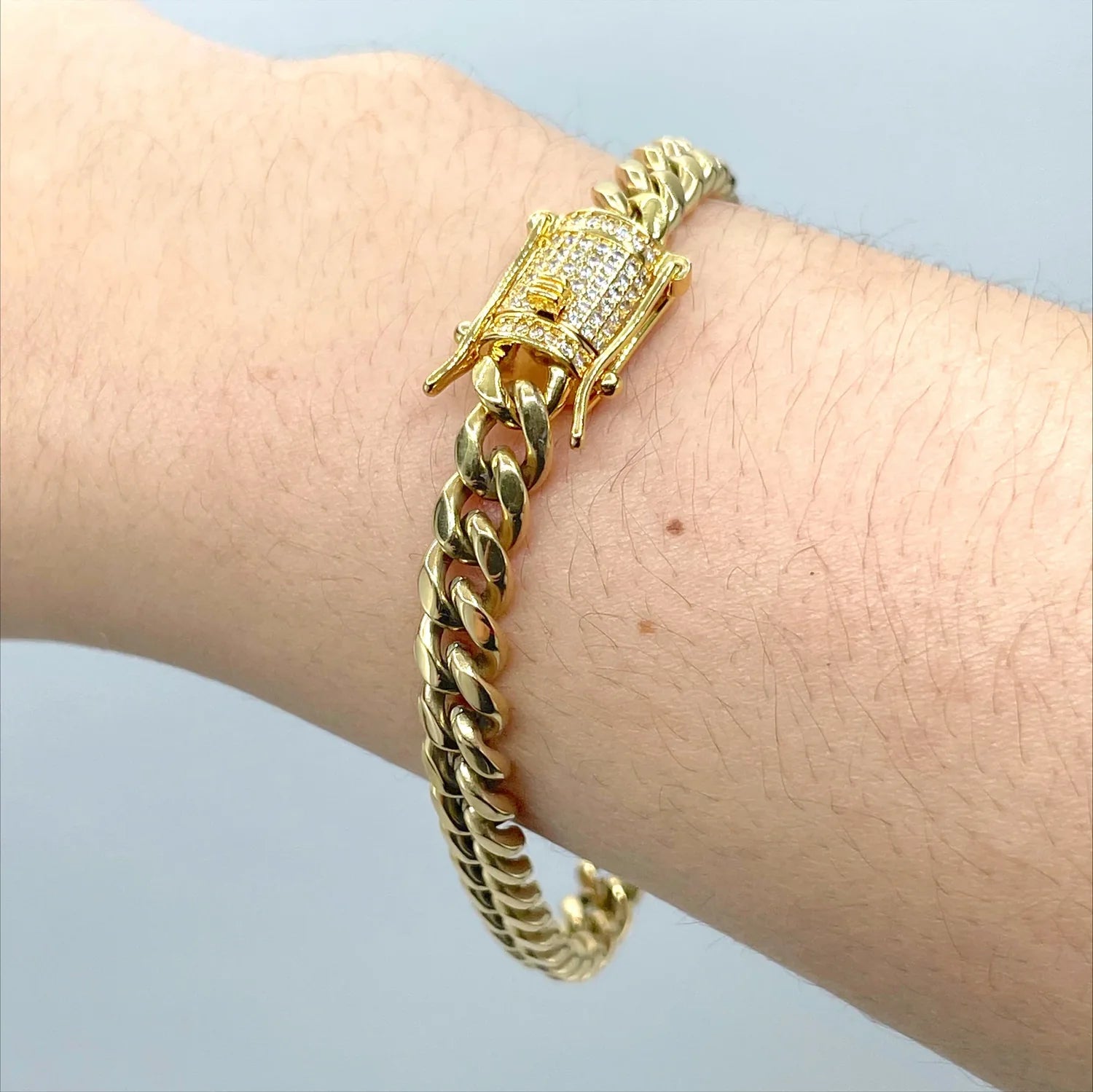 Cuban Link Chain 18" 28" or Bracelet 7" 8" 6mm with Iced Out Box Lock 14k Gold Filled. Bundle and Save. FREE SHIPPING on orders of $100 and over.  Sam's Jewelry World USA.