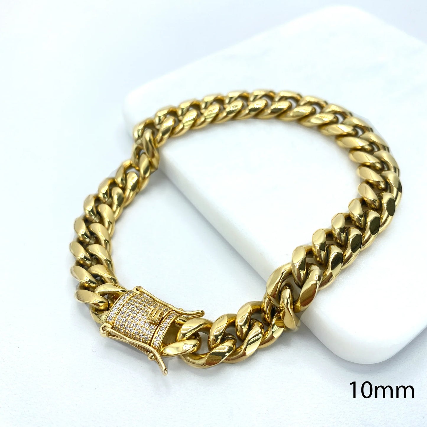 Cuban Link Chain 18" 24" or Bracelet 8" with Iced Out Box Lock 10mm 14k Gold Filled Bundle and Save. FREE SHIPPING on orders of $100 and over.  Sam's Jewelry World USA.