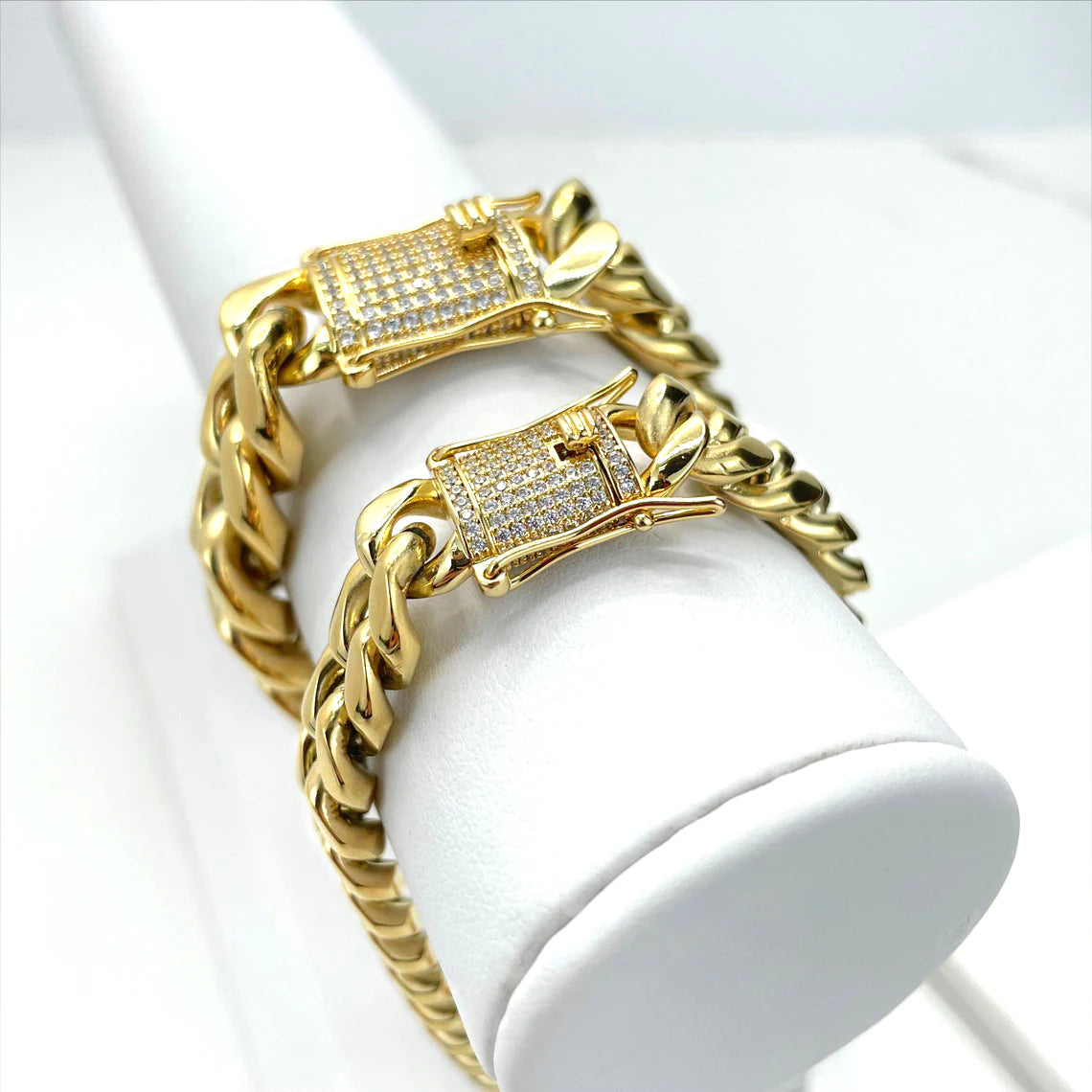 Cuban Link Chain 18" 24" or Bracelet 8" with Iced Out Box Lock 10mm 14k Gold Filled Bundle and Save. FREE SHIPPING on orders of $100 and over.  Sam's Jewelry World USA.