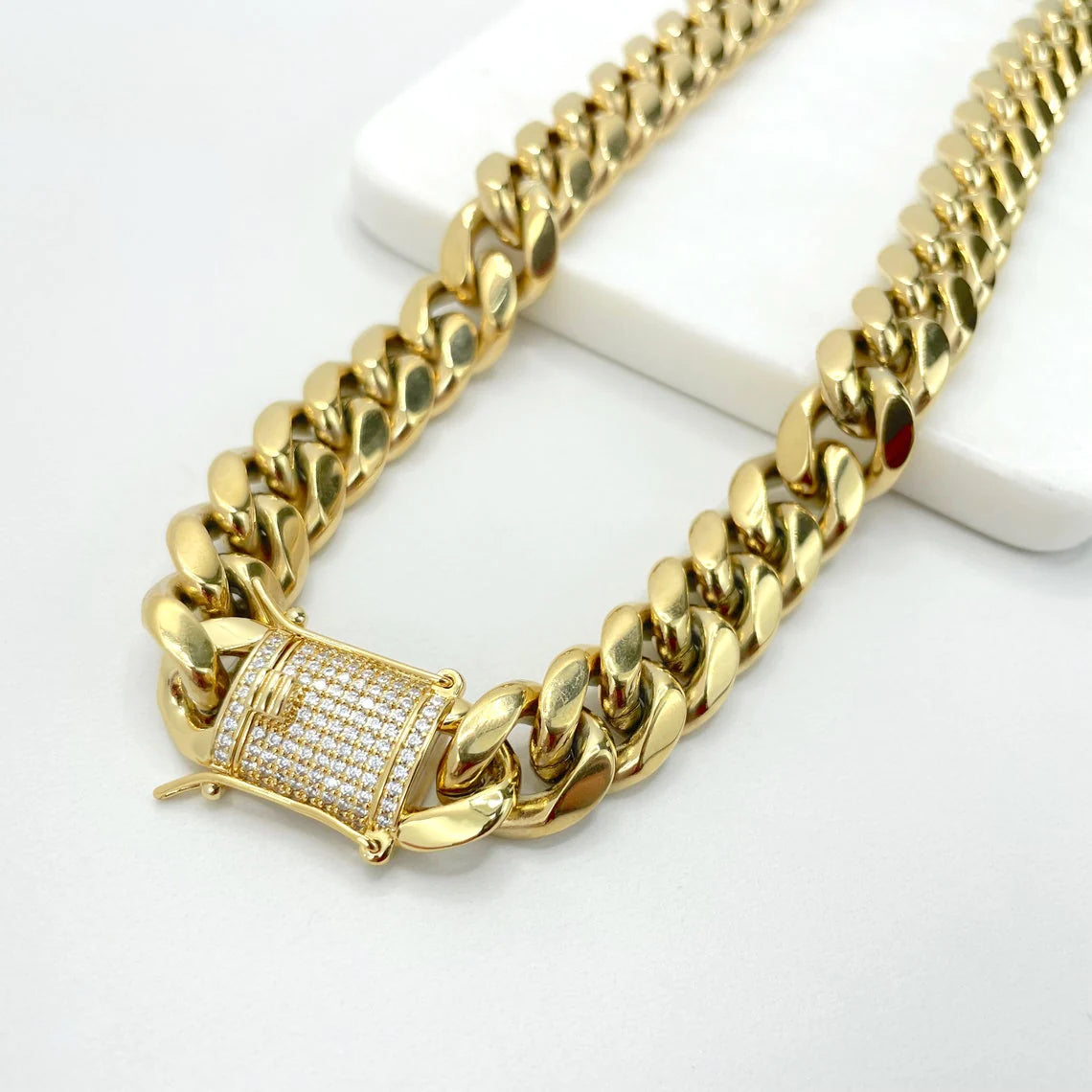 Cuban Link Chain 18" 24" or Bracelet 8" with Iced Out Box Lock 10mm 14k Gold Filled Bundle and Save. FREE SHIPPING on orders of $100 and over.  Sam's Jewelry World USA.