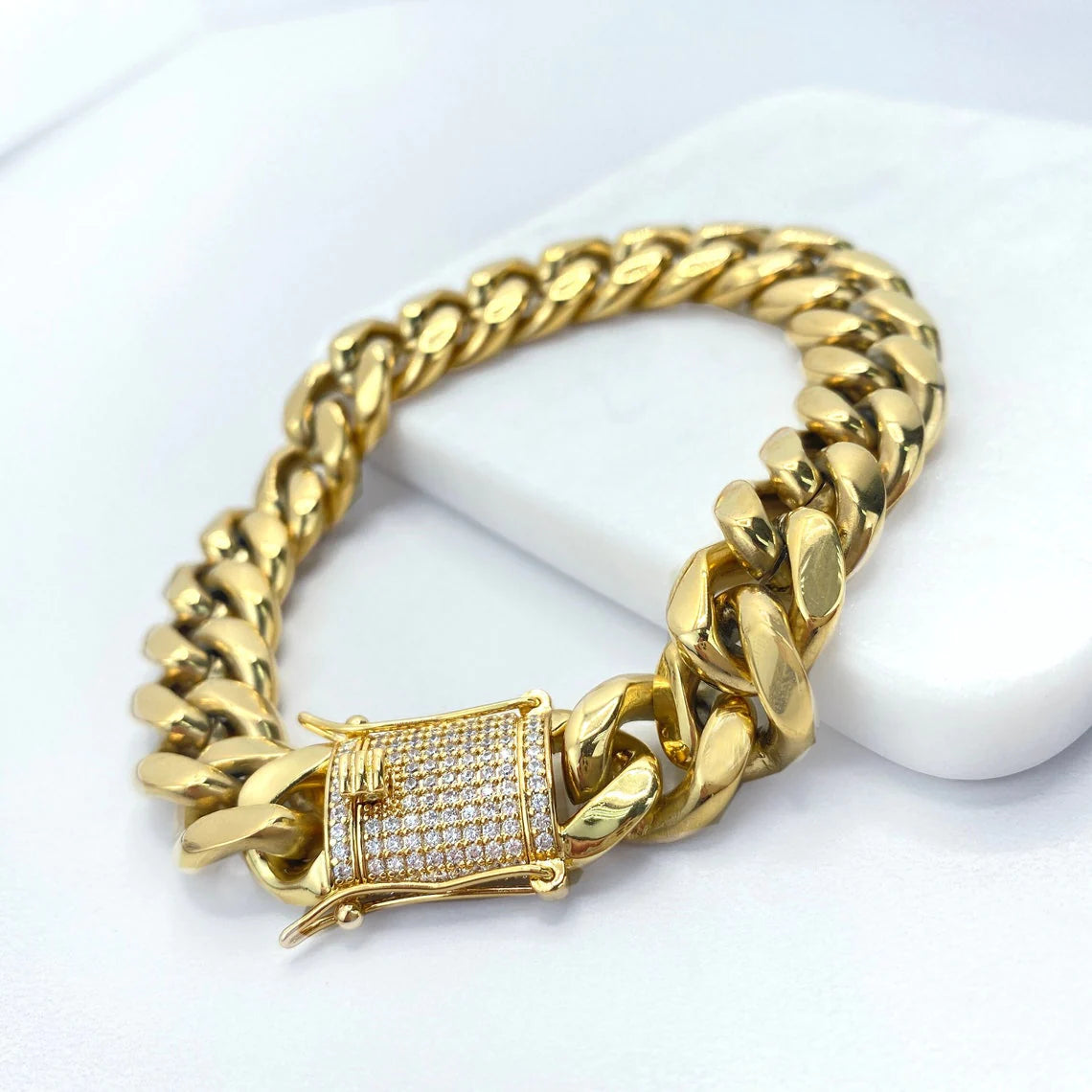 Cuban Link Chain 18" 24" or Bracelet 8" with Iced Out Box Lock 10mm 14k Gold Filled Bundle and Save. FREE SHIPPING on orders of $100 and over.  Sam's Jewelry World USA.