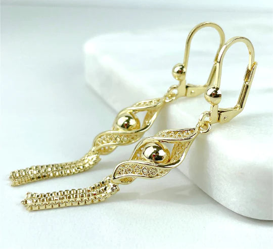 Earrings Tassel, Dangle Drop with Box Chain. 18k Gold Filled