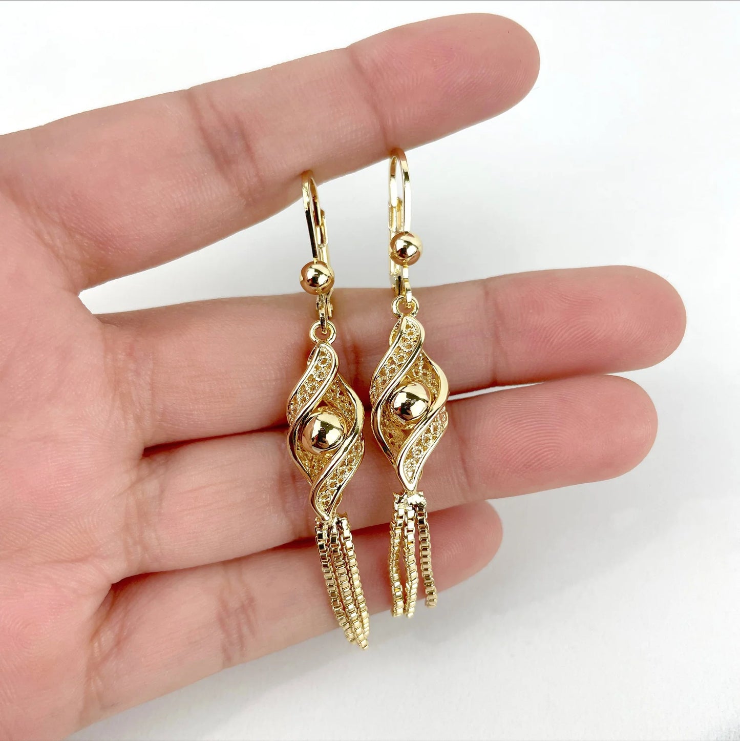 Earrings Tassel, Dangle Drop with Box Chain. 18k Gold Filled