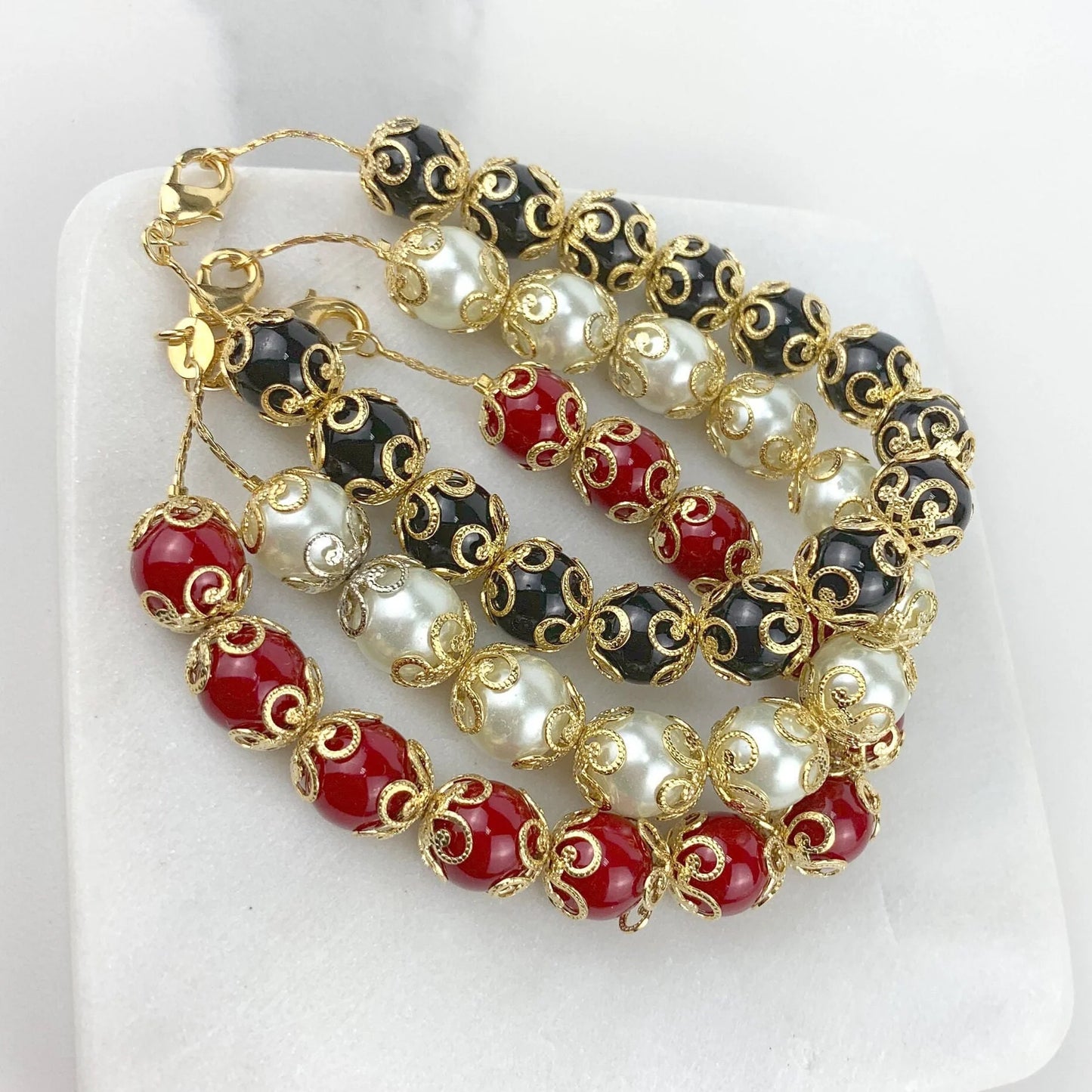 Bracelet Beads Black Beads or Red Beads or Simulated Pearl Beads 18k Gold Filled Trim
