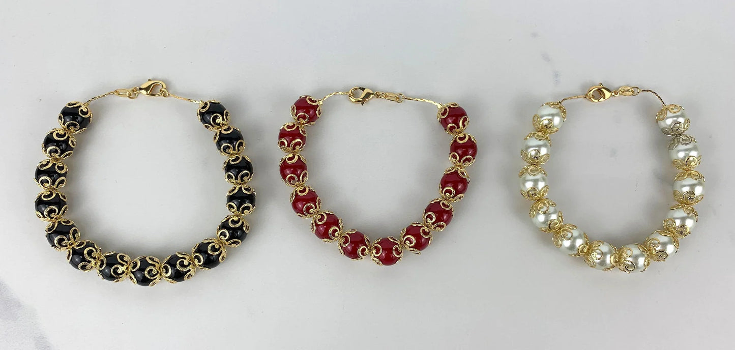 Bracelet Beads Black Beads or Red Beads or Simulated Pearl Beads 18k Gold Filled Trim