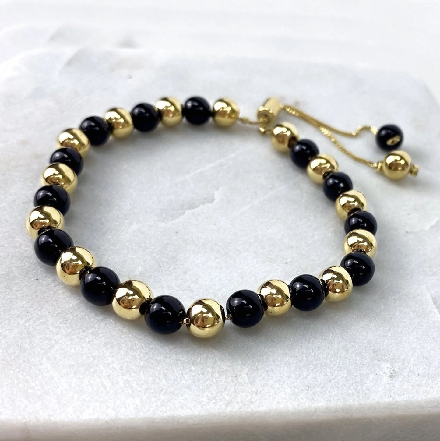 Bracelet Beads Black and Gold Adjustable 18k Gold Filled