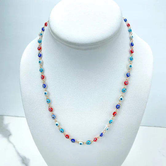 Necklace Colorful, Multicolor, Evil Eye Shape Linked 18k Gold Filled