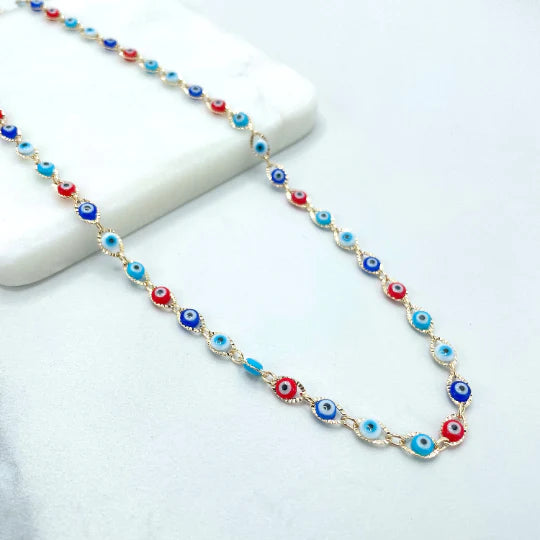 Necklace Colorful, Multicolor, Evil Eye Shape Linked 18k Gold Filled