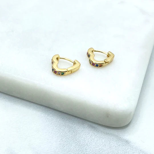 Earrings Colorful Cubic Zirconia Heart Huggie Shape. 18k Gold Filled