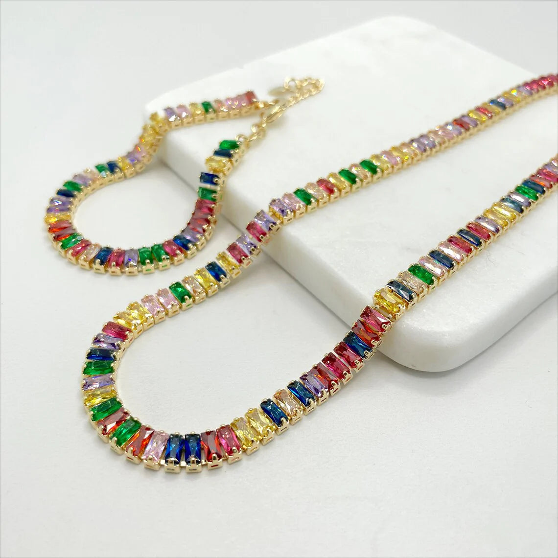 Set Fancy Rainbow Choker or Bracelet 18k Gold Filled