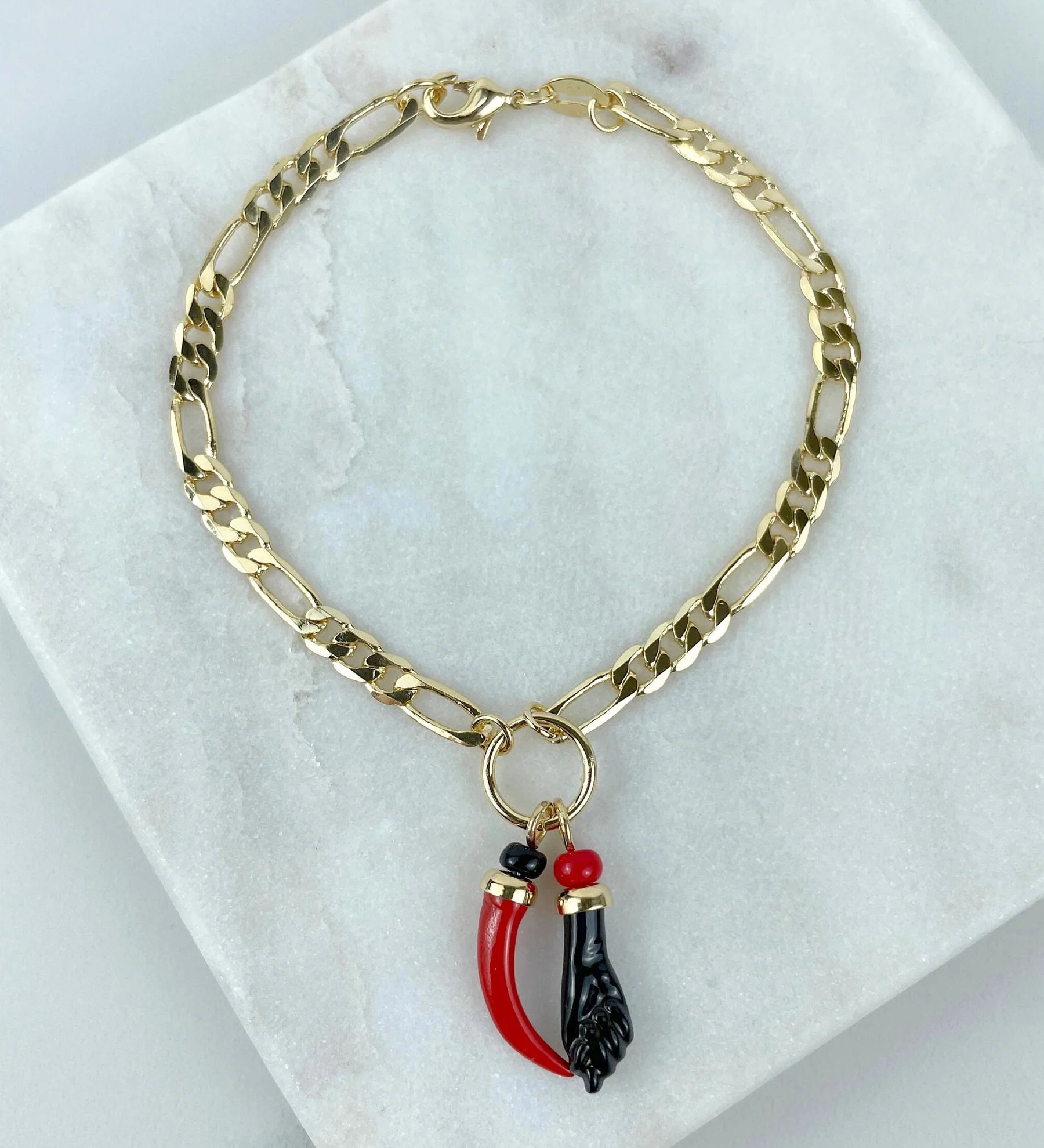 18k Gold Filled 4mm Figaro Link, Hand & Chili Charms Bracelet. Bundle and Save. FREE SHIPPING on orders of $100 and over.  Sam's Jewelry World USA. 