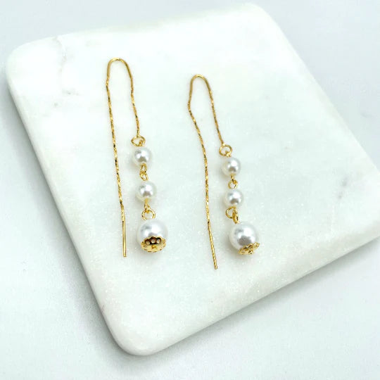 Earrings Large Drop Pearls Threader 18k Gold Filled