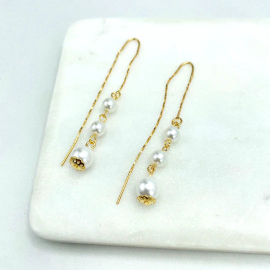 Earrings Large Drop Pearls Threader 18k Gold Filled