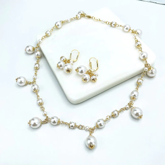 Set Pearls Linked Necklace and Dangle Pearls & Dangle Pearls Earrings 18k Gold Filled