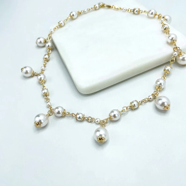 Set Pearls Linked Necklace and Dangle Pearls & Dangle Pearls Earrings 18k Gold Filled