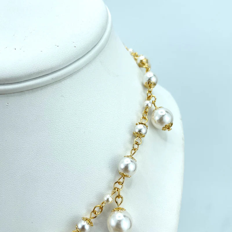 Set Pearls Linked Necklace and Dangle Pearls & Dangle Pearls Earrings 18k Gold Filled